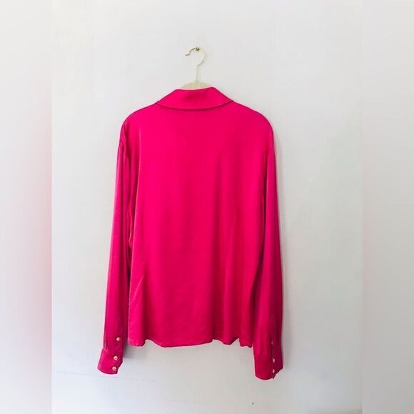 St. John | hot pink silk long sleeve button down blouse with gold buttons | 14 - Picture 5 of 6